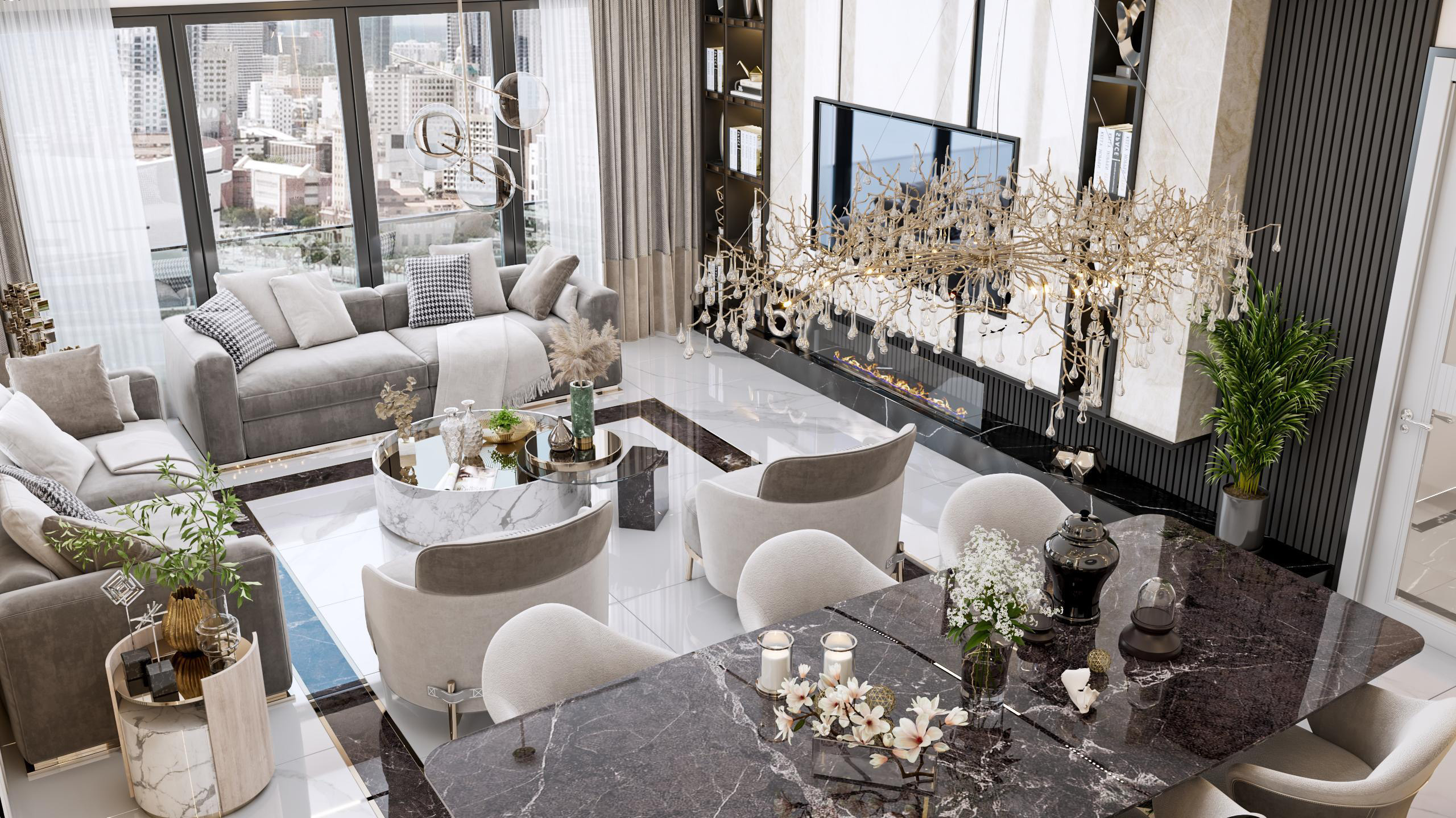Open dining with chandelier and city view