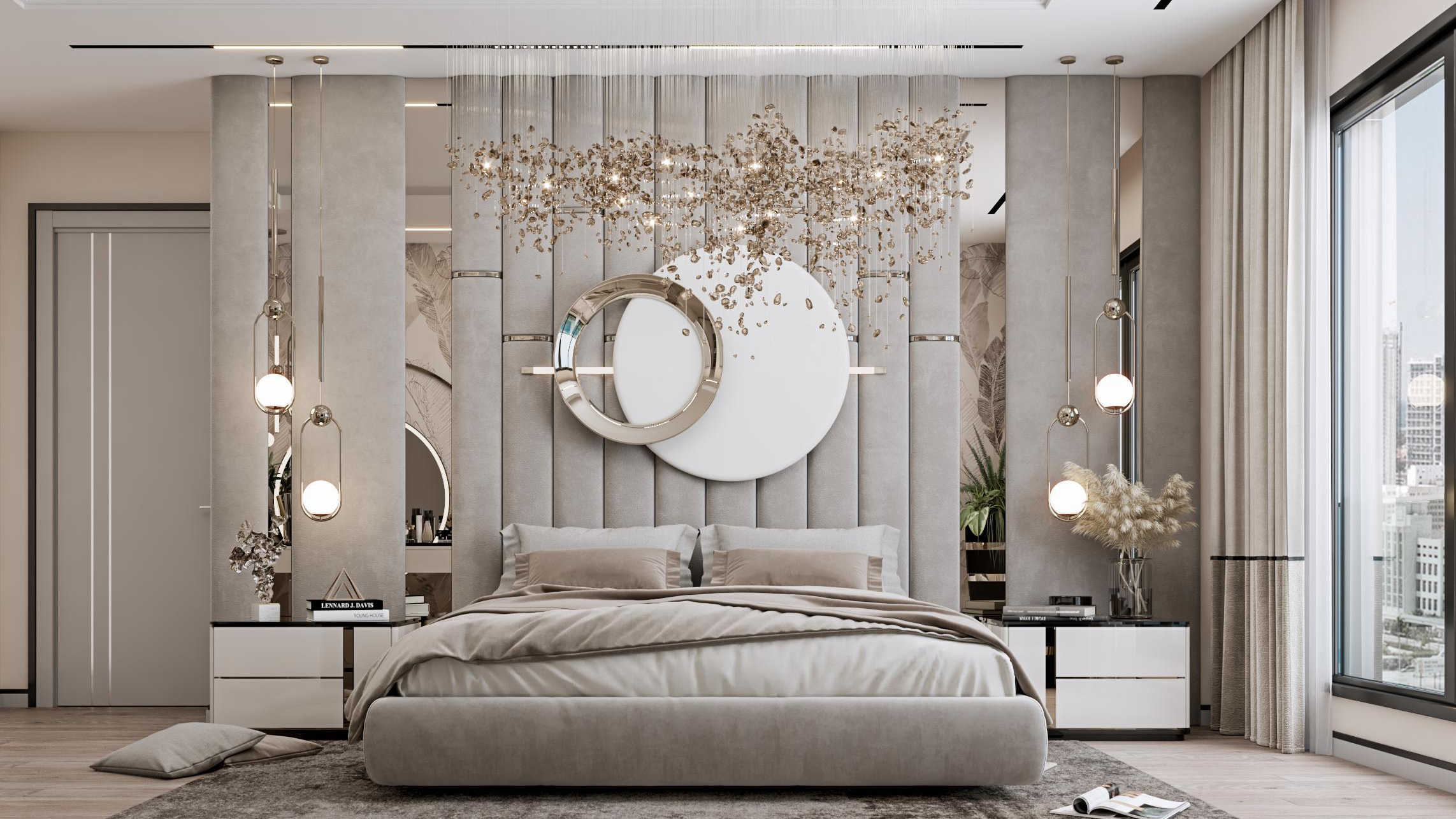 Contemporary kitchen with stone island and feature lighting